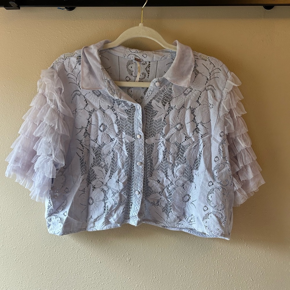 Free People White Lace Blouse with Ruffled Texture